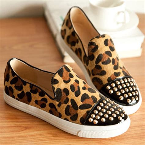 women s leopard print flat shoes with rivets detail on luulla