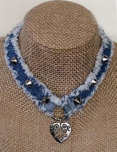 Denim Choker Necklace Handmade From Recycled Blue Jean Denim Etsy