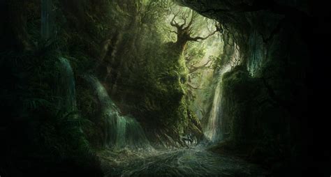Artwork Digital Art Forest Dark Trees River Waterfall Wallpapers