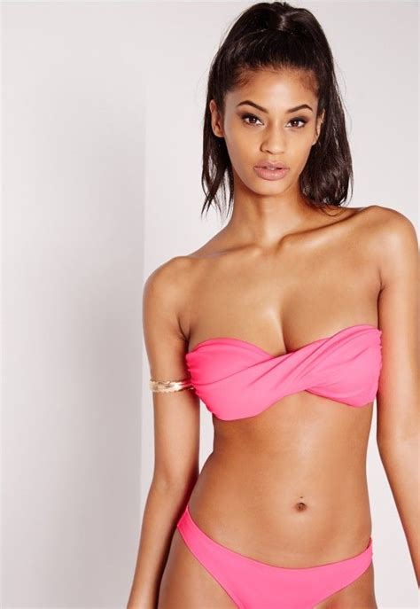 Missguided Twist Bandeau Bikini Top Hot Pink Mix