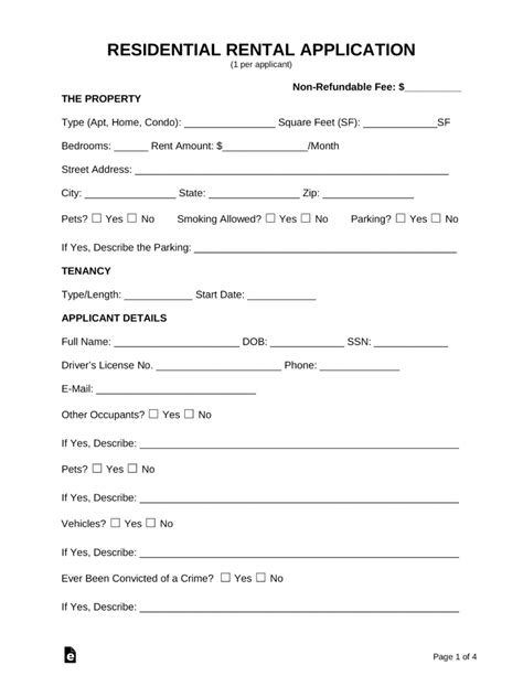 Free Rental Application Form Pdf Word Eforms Free Fillable Forms Free Printable