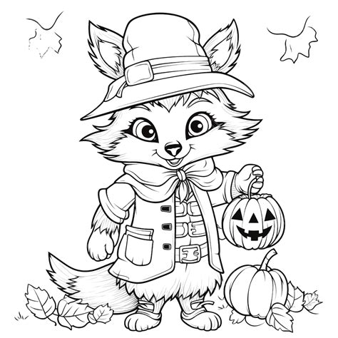 Coloring Book With A Cute Raccoon Using Costume Scarecrow And Pumpkin