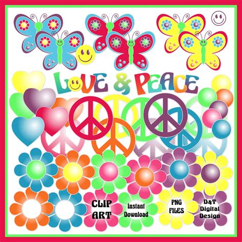 Flower Power Love And Peace Hippie Digital Clip Art 60s 70s Style