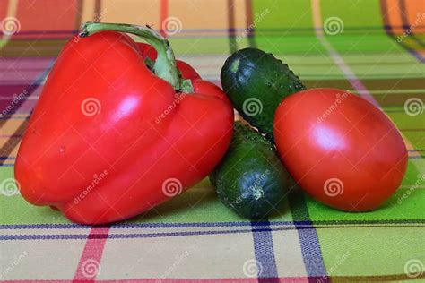 Fresh Vegetables Red Bell Pepper Tomato And Cucumbers Stock Photo