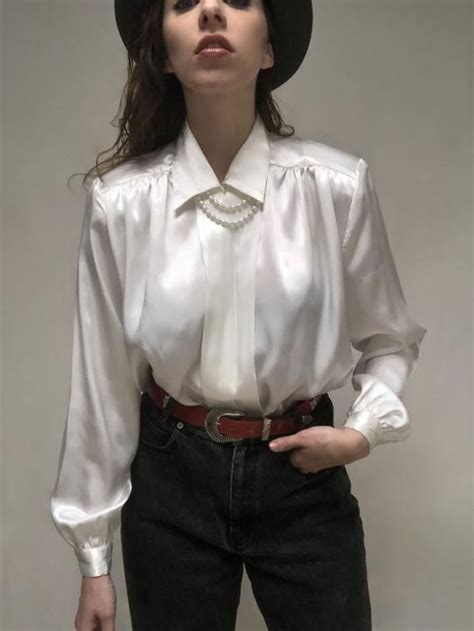 Womens White Satin Silky Blouse With Detachable Faux Etsy