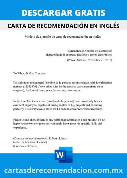 Carta De Recomendaci N En Ingl S Formatos Y Ejemplos Word Para Imprimir