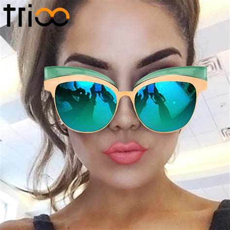 trioo coating mirror sunglasses for women gold cat eye shades high fashion oculos feminino new