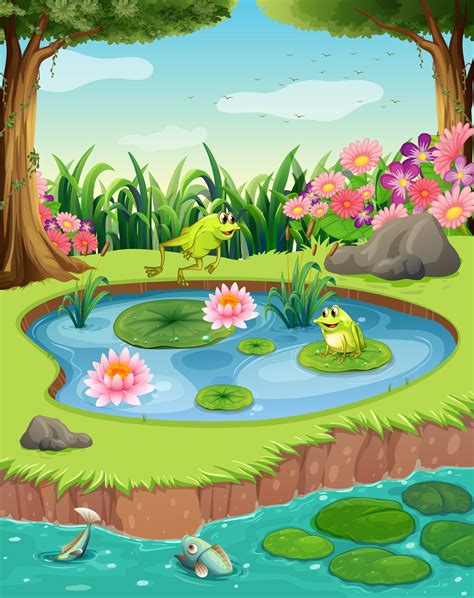 Frogs And Fish In The Pond 447148 Vector Art At Vecteezy