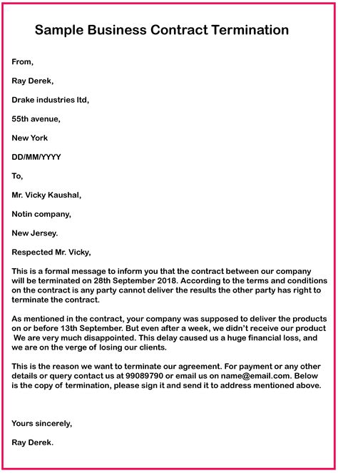 Sample Contract Termination Letter Template