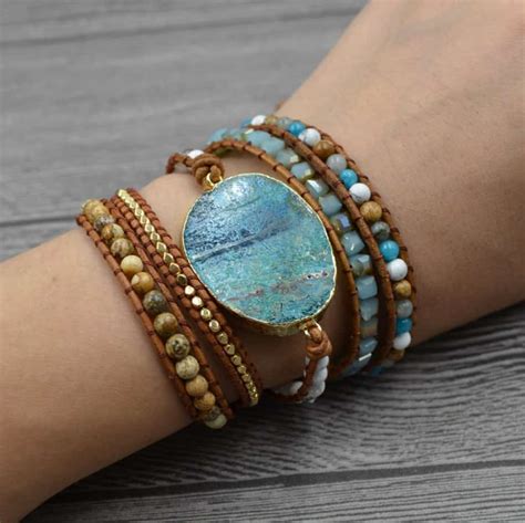 Handmade Natural Bohemian Marine Stone Beaded Wraps Bracelet More Color