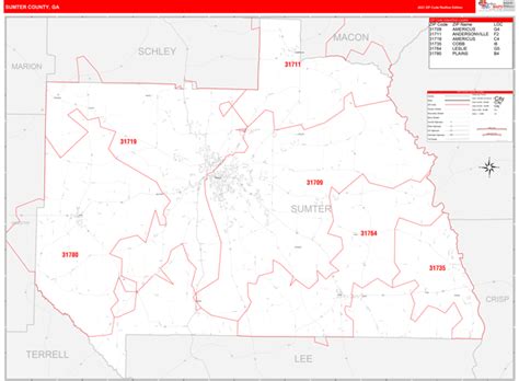 Sumter County Ga Zip Code Wall Map Red Line Style By