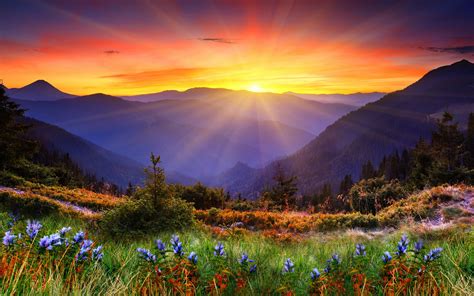 Mountains Sunset Sun Landscape Panorama Wallpaper 1920x1200 67205