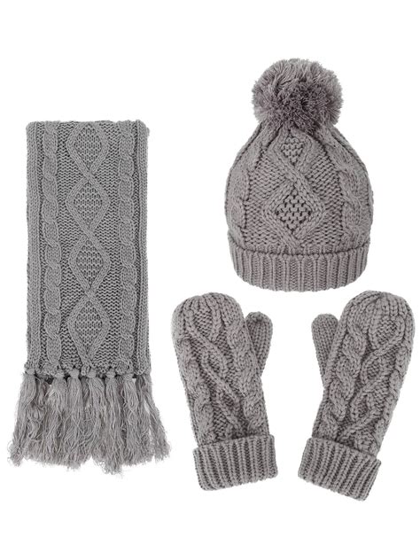 3 In 1 Warm Thick Cable Knitted Hat Scarf And Gloves Winter Set Grey
