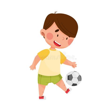 Boy Character Playing Football In The Yard Vector Illustration Stock