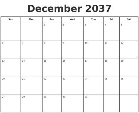 December 2037 Print A Calendar