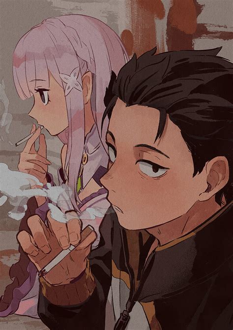 Re Zero Kara Hajimeru Isekai Seikatsu Couple Smoking Looking Away
