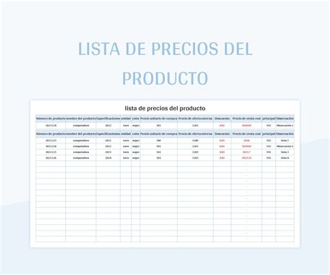 Plantilla De Excel Lista De Precios Del Producto Y Hoja De Cálculo De