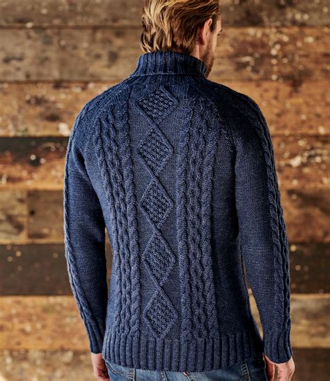 Woolovers Mens Pure Wool Aran Polo Neck Jumper Sweater Pullover