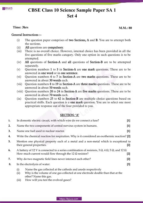 Cbse Sample Papers For Class 10 Sa 1 Science Set 4 Download Now