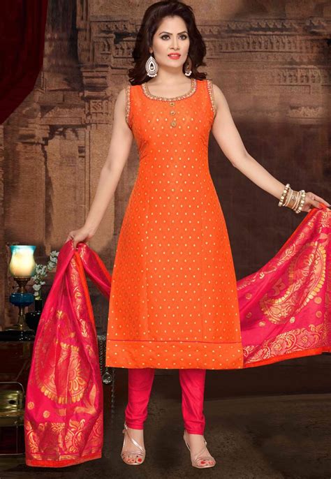 Orange Chanderi Readymade Churidar Suit 175046 Indian Fashion Dresses