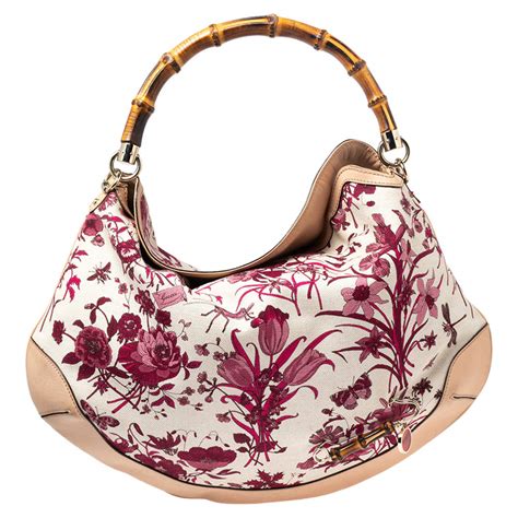 Gucci Whitepink Floral Canvas And Leather Peggy Bamboo Handle Hobo