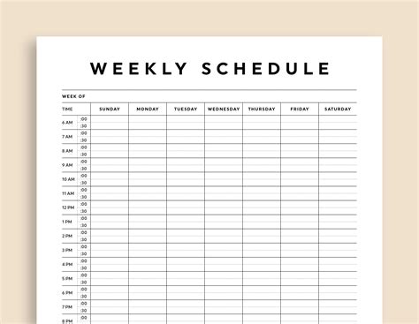 Weekly Schedule Template Half Hour