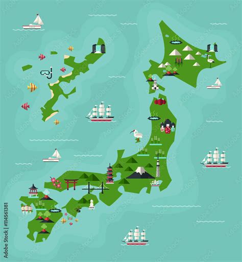 Japan Travel Map With Famous Landmarks Flat Design Style Stock Vector