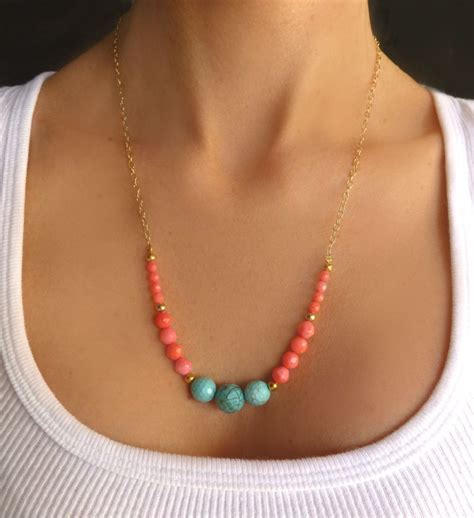 Turquoise And Coral Statement Necklace In Chunky Turquoise