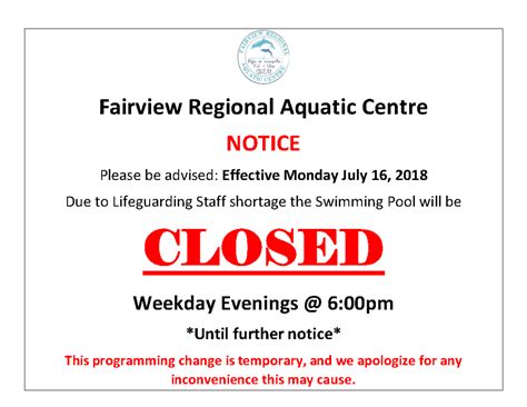 Pool Closure Notice Fairview Ab Canada