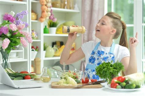 Portrait Of Cute Teen Girl Preparing Fresh Salad Stock Image Image Of Female Health 140154585