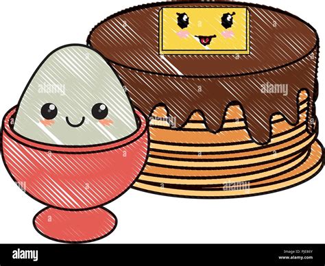 Kawaii Pfannkuchen Und Ei Auf Weißem Hintergrund Vector Illustration