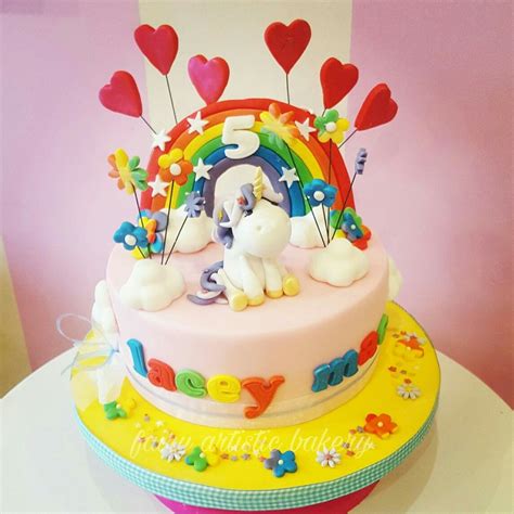 Cute Unicorn And Rainbows Cake With Hearts And Rainbow Flowers