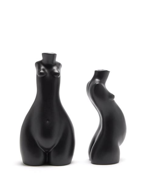 Anissa Kermiche Black Set Of Two Tit For Tat Ceramic Candlesticks