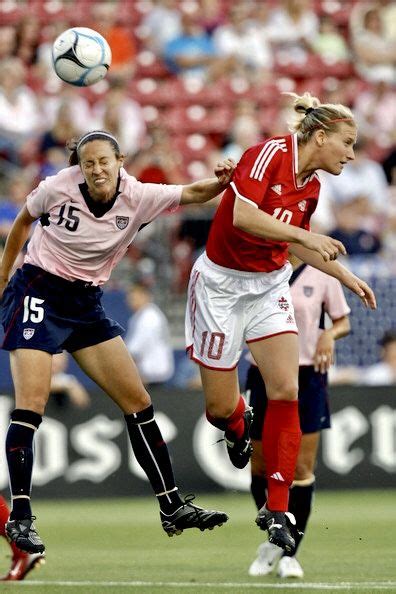 Kate Markgraf 15 Of The Us Womens Soccer Team Fights For The Ball Up Against Martina Franko
