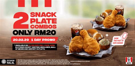 Semua restoran kfc fullhouse dengan pelanggan yang ingin menikmati snack plate pada harga murah. Promosi KFC 2020 2 Snack Plate Combo Harga RM20 Sahaja ...