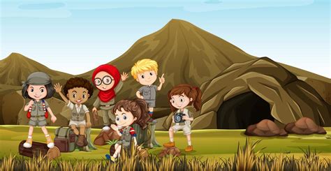 Kids In Safari Costume Camping Out By The Cave 300052 Vector Art At