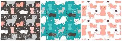 Set Kucing Hewan Desain Pola Mulus Dengan Elemen Kucing Dalam Template