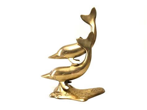 Vintage Brass Dolphins Statue Figurine Swimming Dolphin Pair Brass Home