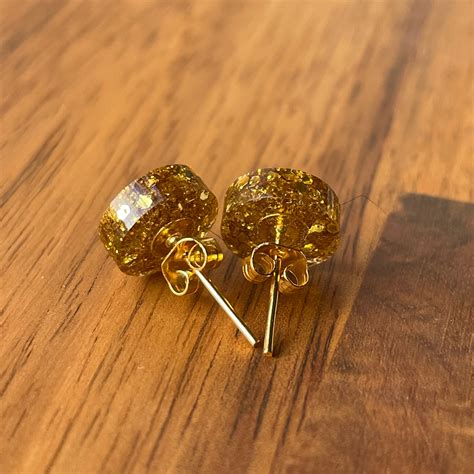 Resin Stud Earrings Small Gold Glitter Handmade Resin Etsy