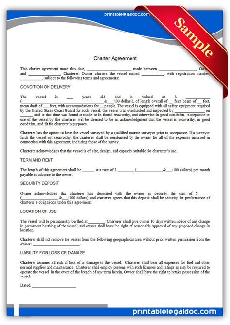 Free Printable Charter Agreement Form Generic