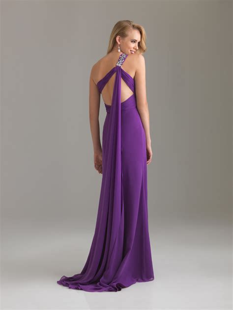 Purple Empire One Shoulder Full Length Chiffon Evening Dresses With