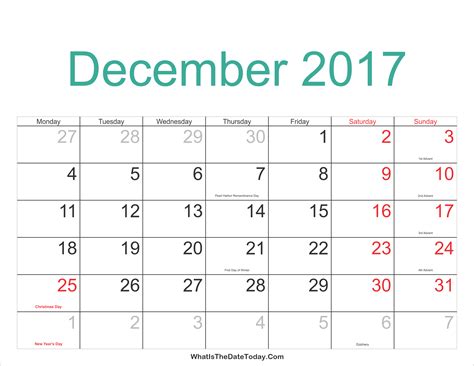 Free Printable Monthly Calendar December 2017 Ashley