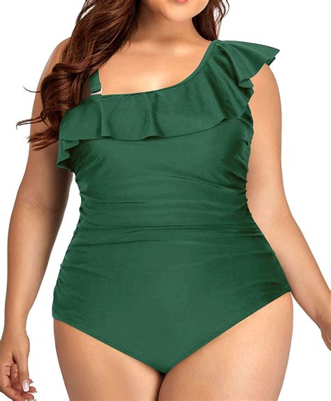 Aqua Eve Plus Size Bathing Suits For Women One Piece Swimsuits One Shoulder Ruffle Tummy Control