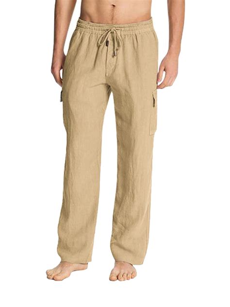 Mens Drawstring Cotton Linen Pants Solid Color Elastic Waist Relaxed