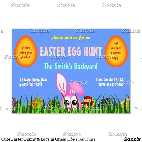 Cute Easter Bunny And Eggs In Grass Egg Hunt Invites Zazzle Cute Easter Bunny Easter Bunny
