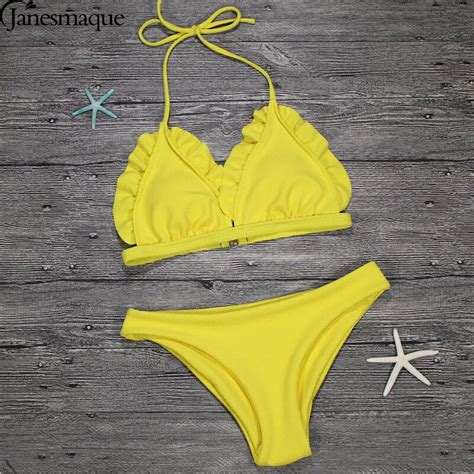 Janesmaque Yellow Blue Pink Bandage Brazilian Bikinis Set Women Padded