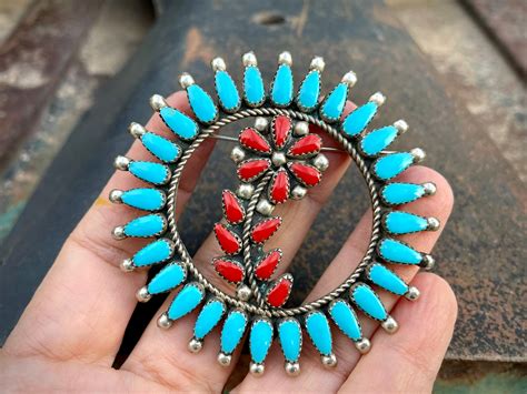 Large Petit Point Turquoise Coral Cluster Pendant Brooch Flower Design