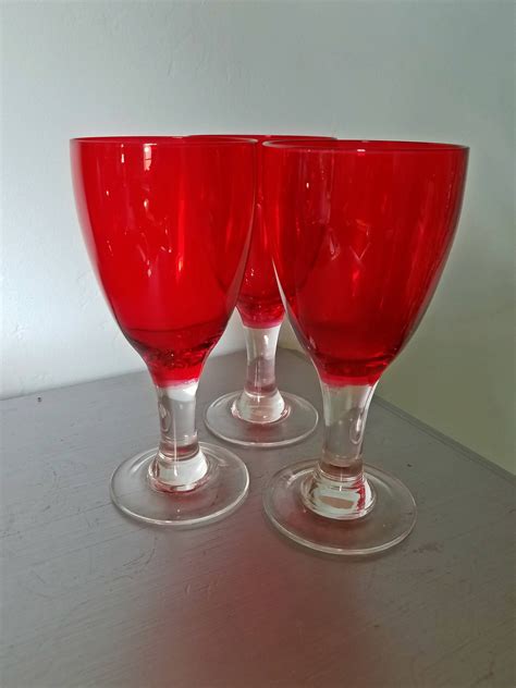 Vintage Goblets Red With Clear Stem Set Of Seven Vintage Etsy Vintage Stemware Vintage