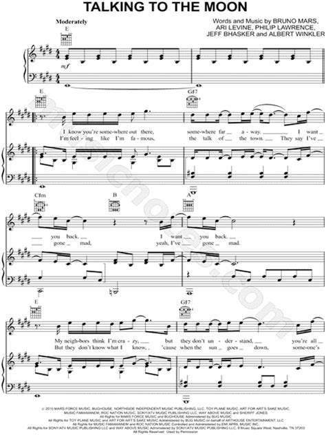 Bruno Mars Talking To The Moon Sheet Music In E Major Transposable