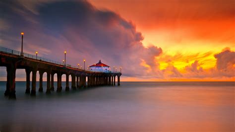 Sunset Over Ocean Pier Hd Wallpaper Background Image 1920x1080